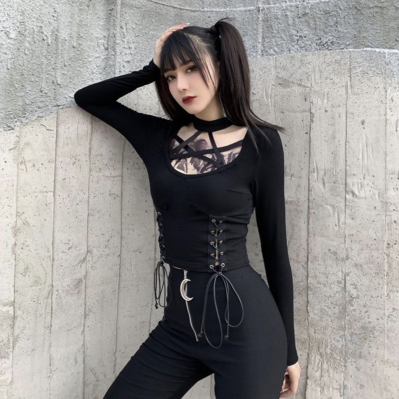 Black Gothic eGirl Pentagram Long Sleeve Top