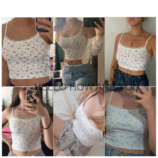 Cute Y2K Floral Printed Kintted Spaghetti Strap Crop Top 4