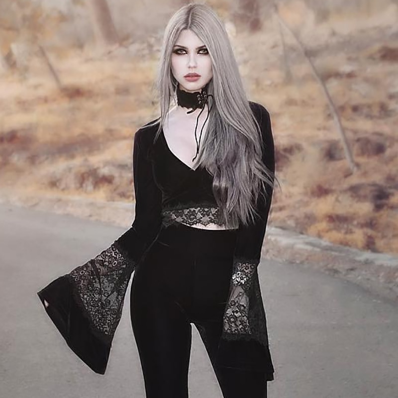 Elegant Gothic eGirl Long Sleeve Flare Lace Crop Top