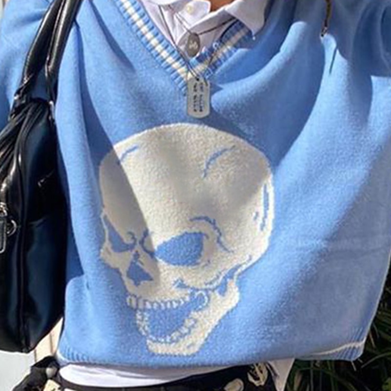 Cute Egirl Skull Print V Neck Knitted Harajuku Sweater