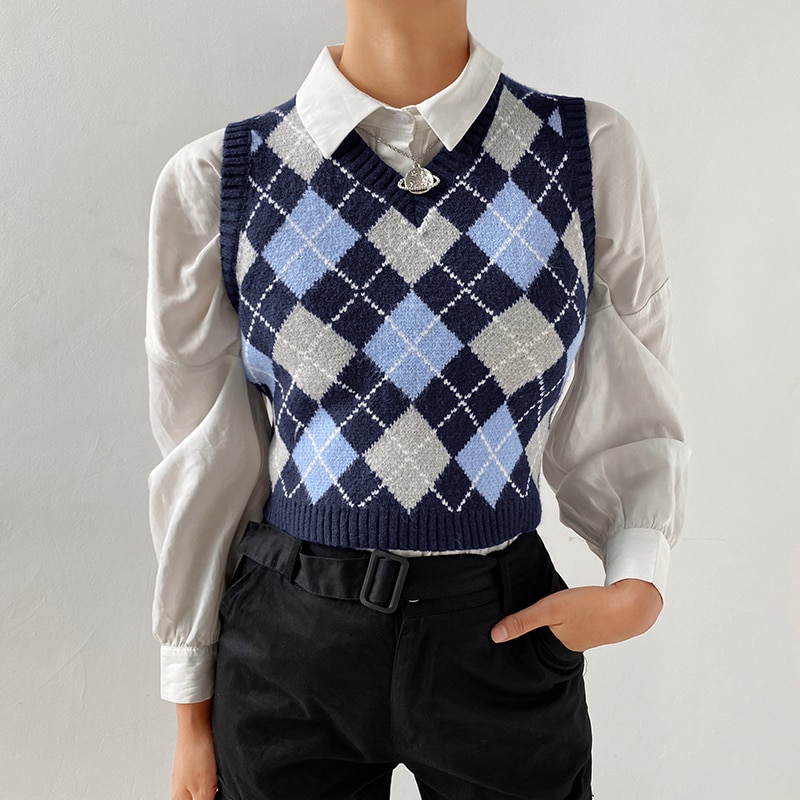 Egirl Retro Argyle Plaid Knitted Crop Sweater