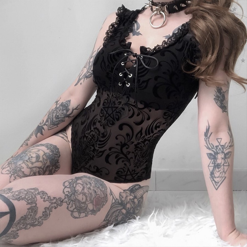 Sexy Lace Bodysuit Gothic eGirl Mesh Top