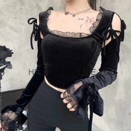 Aesthetic Goth Lace Long Sleeve Crop Top
