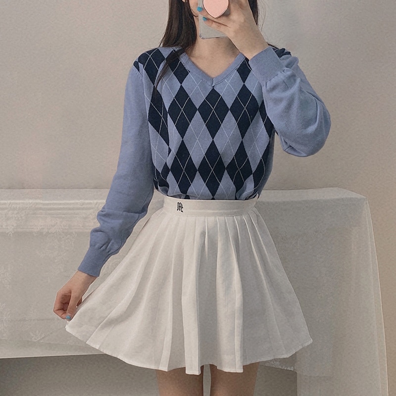 Plaid Argyle Style Retro Knit Egirl Sweater