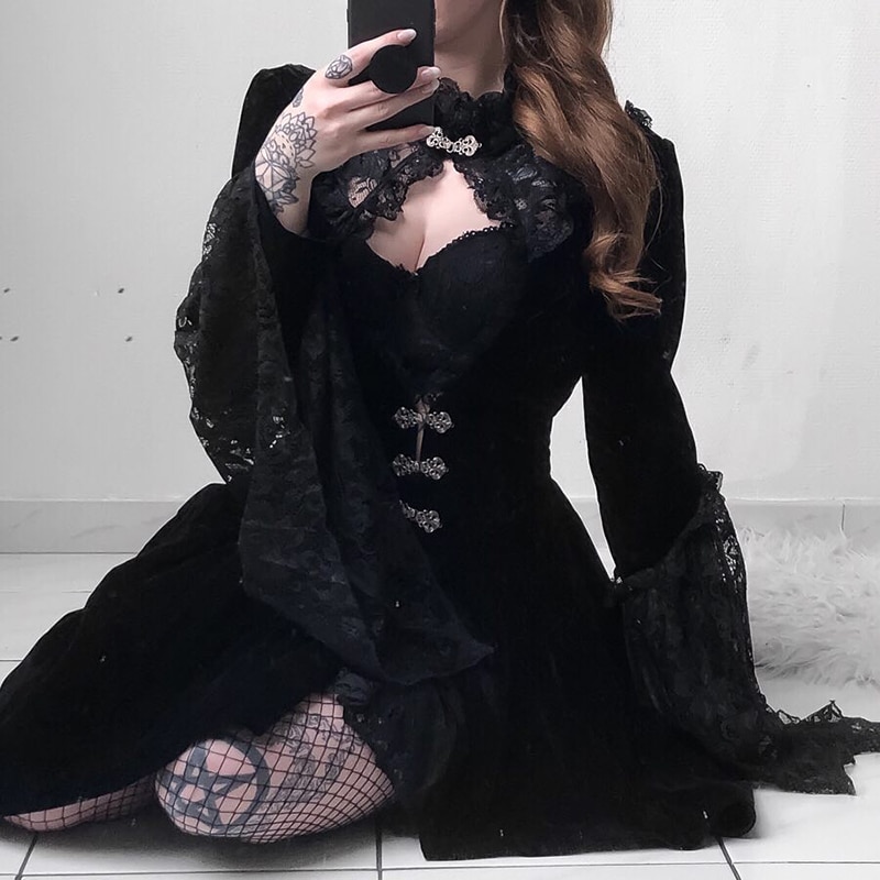 Enigmatic Vintage Black Velvet Gothic eGirl Dress