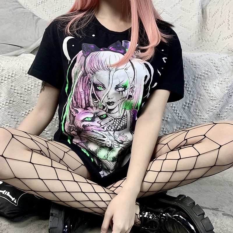 Pastel Goth Girl Print Harajuku Loose Long Tee Top
