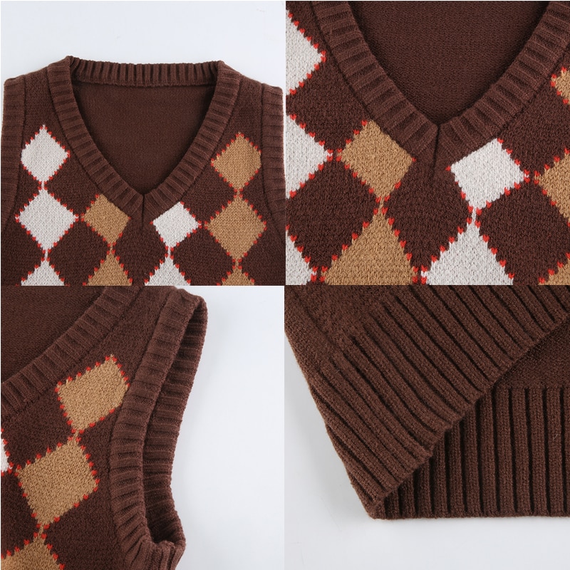Brown Argyle Retro Egirl Preppy Style Crop Knit Sweater
