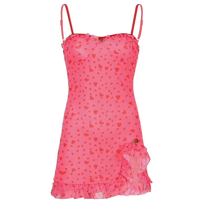 Egirl Pink Heart Pattern Sleeveless Strap Dress
