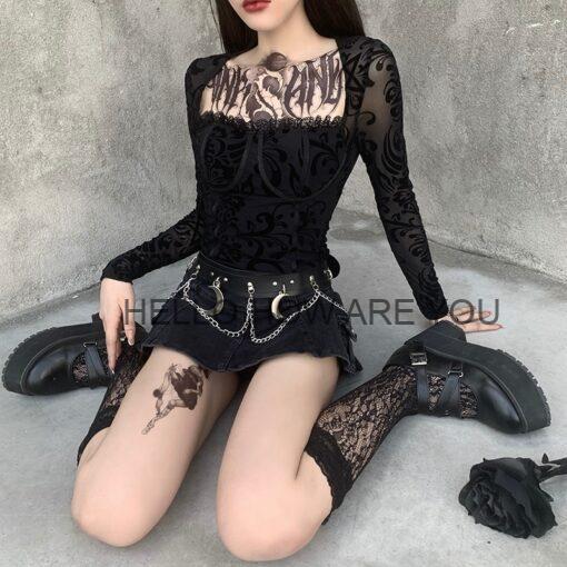 Vintage Sexy Black Gothic eGirl Mesh Long Sleeve Top