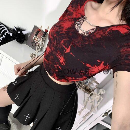 Gothic eGirl Red And Black Tie Dye with Chain Drawstring Crop Top