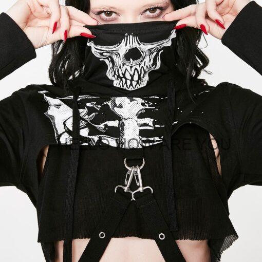 Gothic eGirl Sexy Skeleton Print with Mask Hooded Hoodie