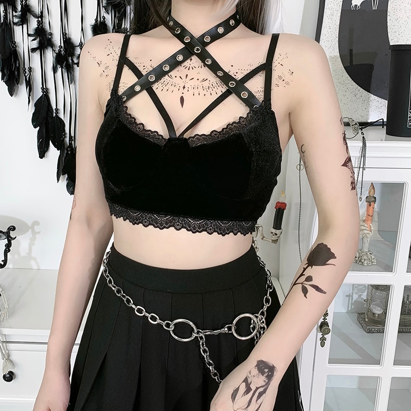 Sexy Gothic eGirl Style Trim Cami Top