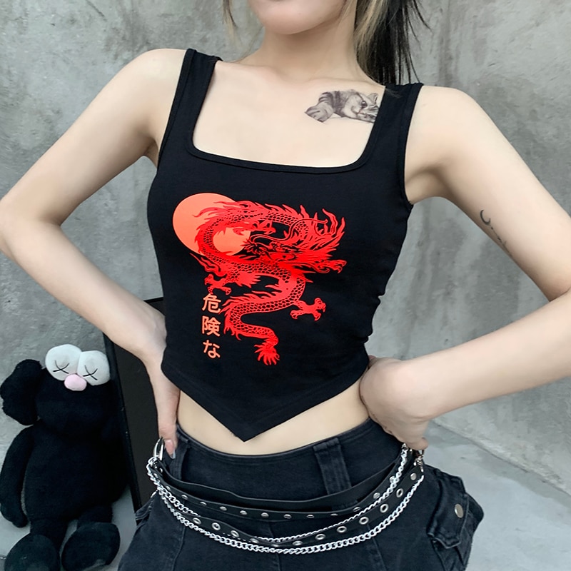 Grunge Red Dragon Print Black Tank Top