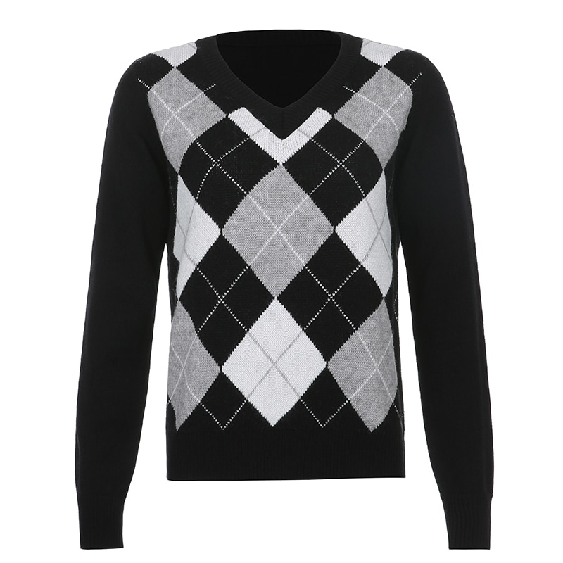 Egirl Retro Knit Argyle Plaid Sweater
