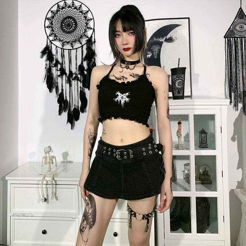 Summer Gothic eGirl Pentagram Print Black Camisole Top