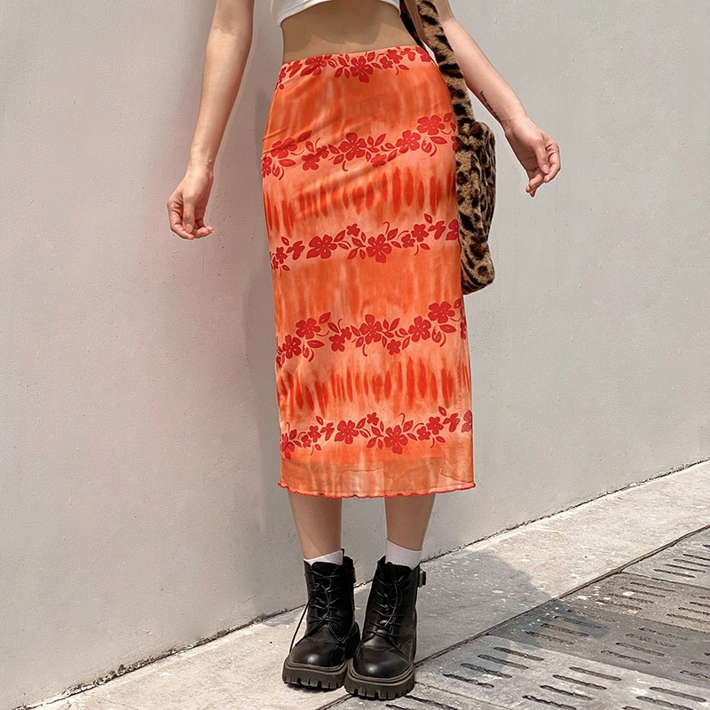 Summer Floral Print Egirl Midi Skirt