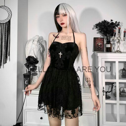 Gothic eGirl Cross High Waist Black Casual Dress