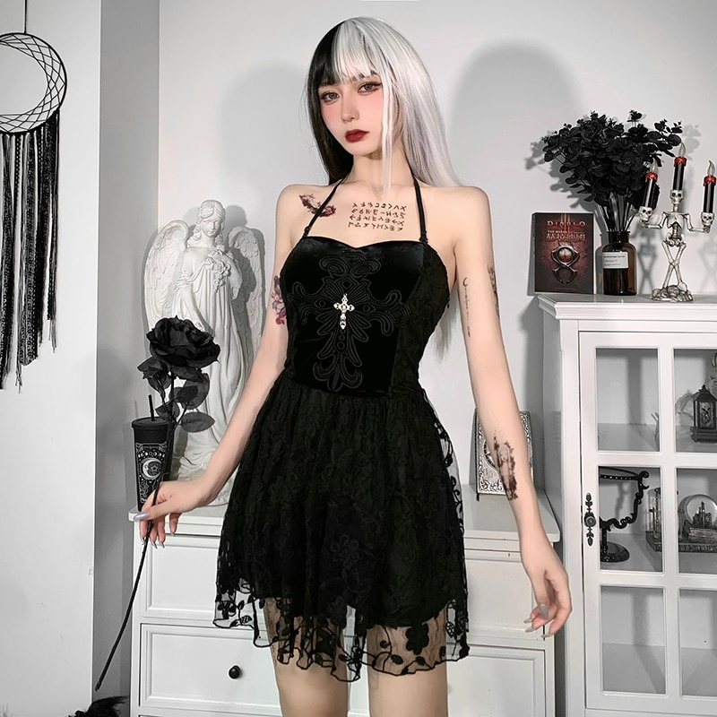Gothic eGirl Cross High Waist Black Casual Dress