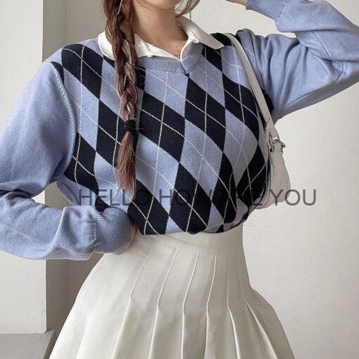 Egirl Argyle Preppy Style Knitted Loose Sweater