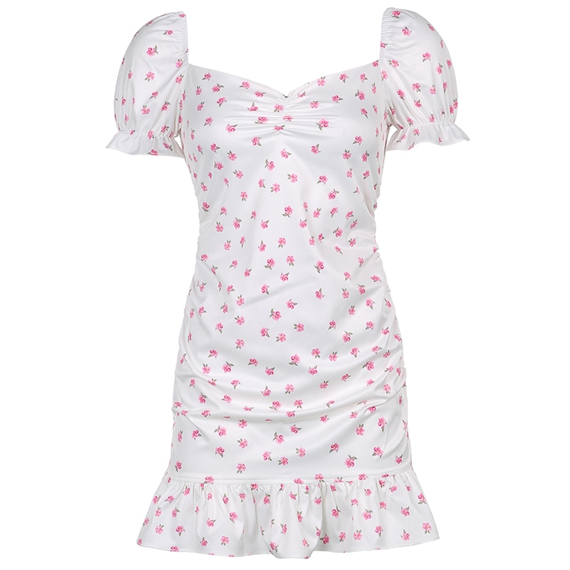 Egirl Ruched Floral Pattern Backless Mini Dress