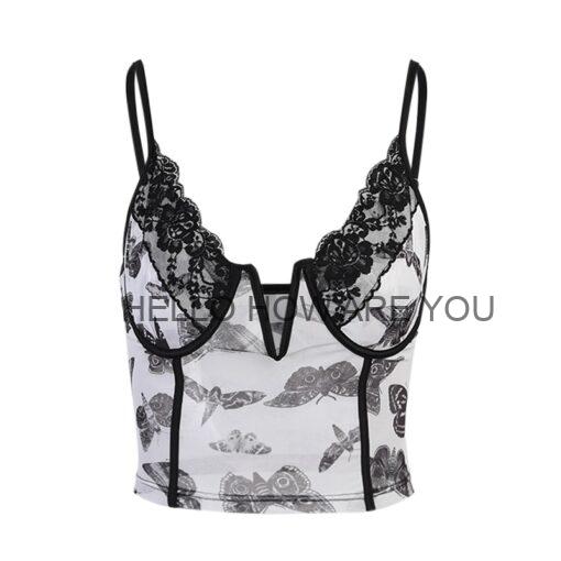 Vintage Butterfly Print Sexy Gothic eGirl Style Trim Cami Top