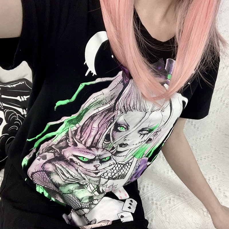 Pastel Goth Girl Print Harajuku Loose Long Tee Top