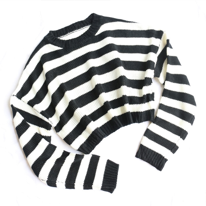 Harajuku Striped O-neck Loose Crop Sweater