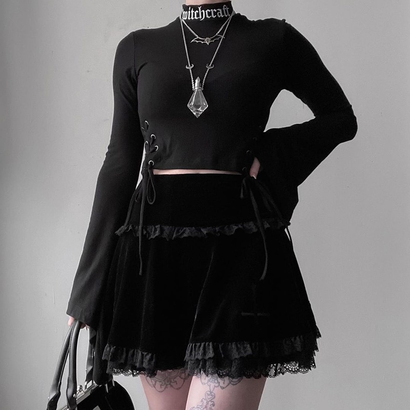 Gothic eGirl Black Cross Vintage Lace Trim Mini Skirt