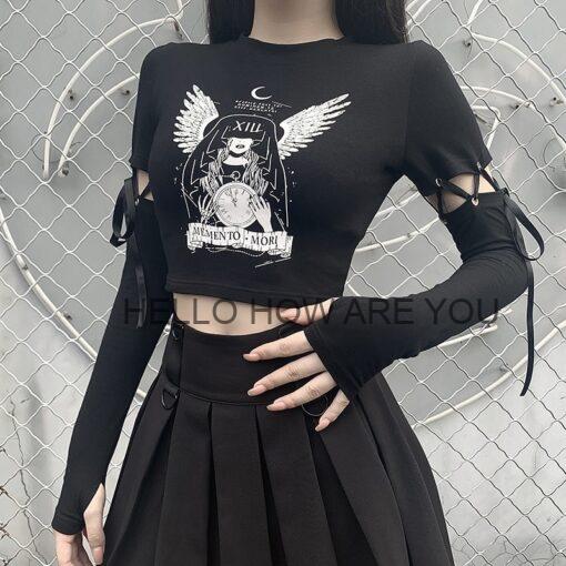 Gothic eGirl Witch Printed Long Sleeve Crop Top