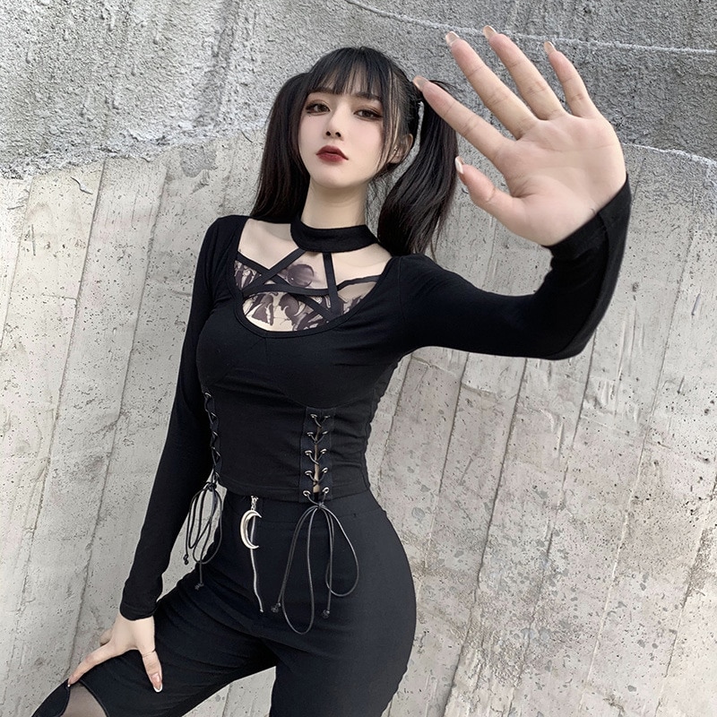 Black Gothic eGirl Pentagram Long Sleeve Top