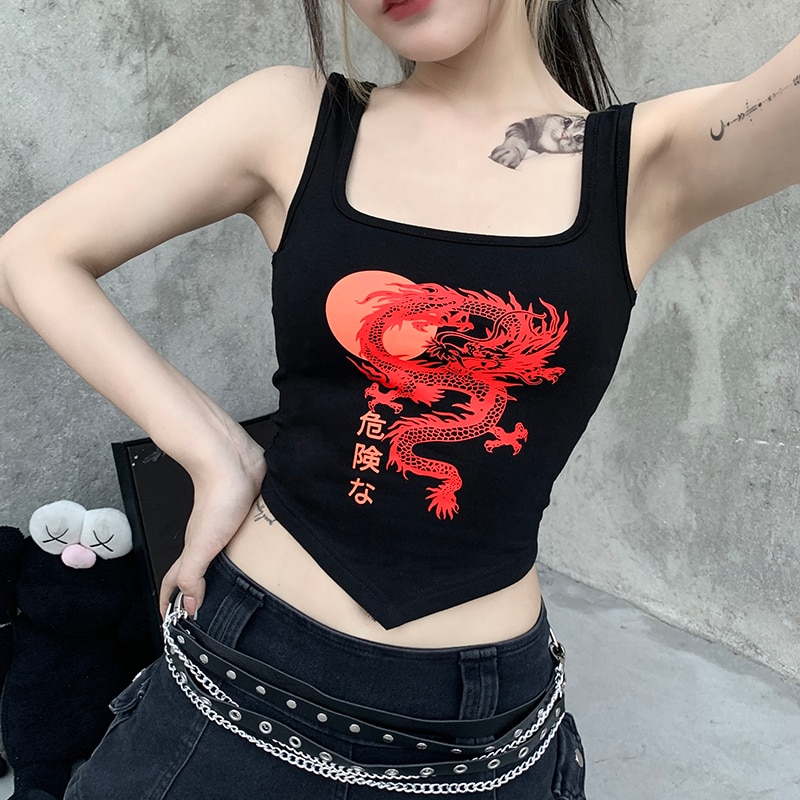 Grunge Red Dragon Print Black Tank Top