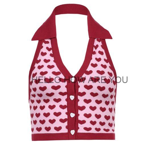 Heart Print Egirl Halter Knitted Crop Top