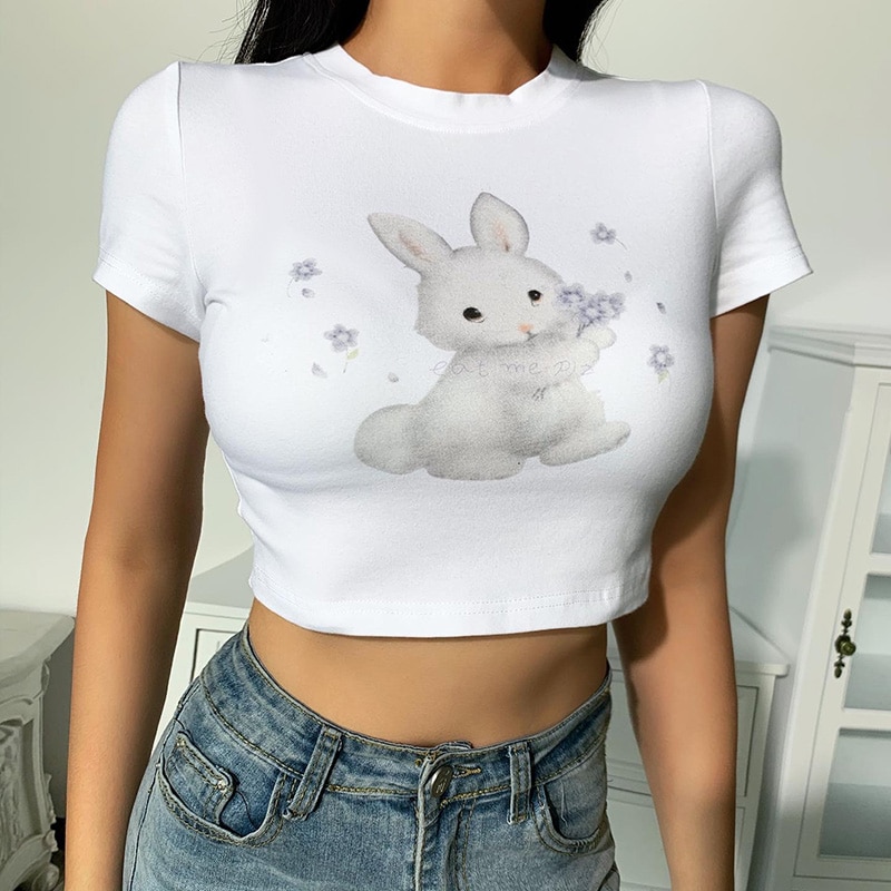 Kawaii Bunny Print White T-Shirt