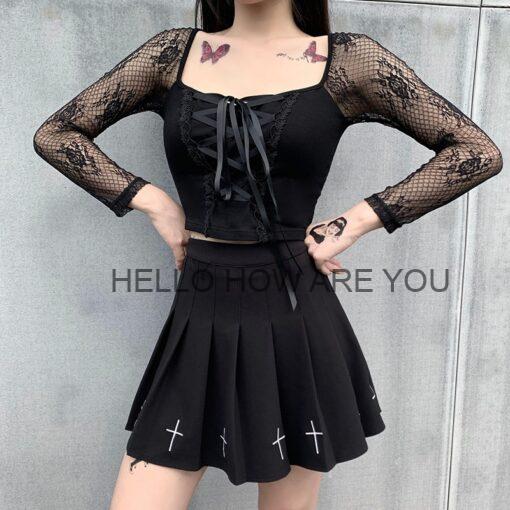 Vintage Elegant Black Lace Gothic eGirl Mesh Long Sleeve Top