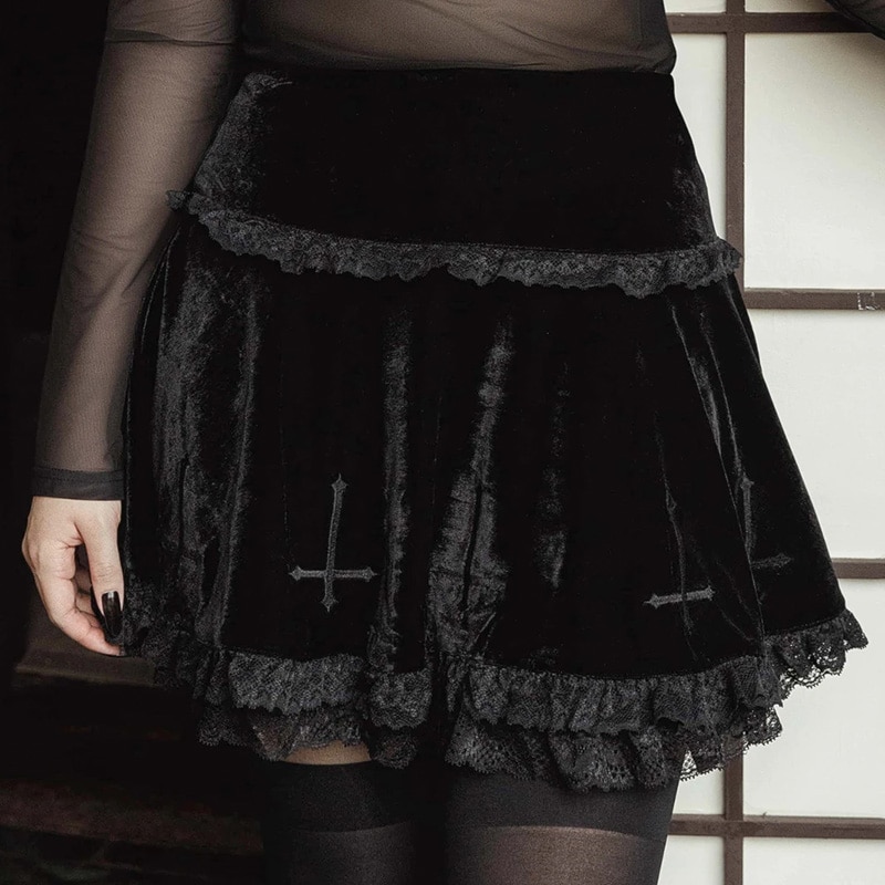 Gothic eGirl Black Cross Vintage Lace Trim Mini Skirt