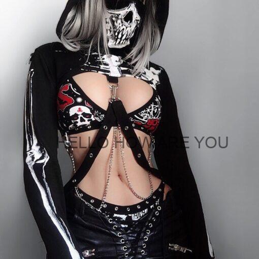 Gothic eGirl Sexy Skeleton Print with Mask Hooded Hoodie