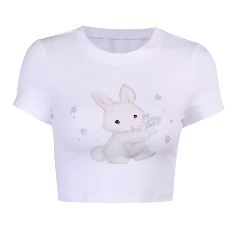 Kawaii Bunny Print White T-Shirt