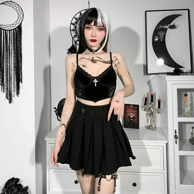 Vintage Sexy Black Aesthetic Gothic eGirl with Cross Lace Camisole Top