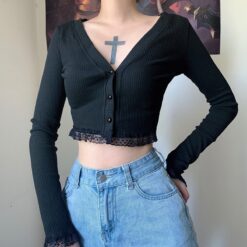 Vintage Gothic eGirl Lace V Neck Long Sleeve Crop Top
