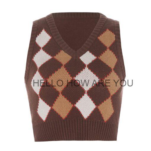 Brown Argyle Retro Egirl Preppy Style Crop Knit Sweater
