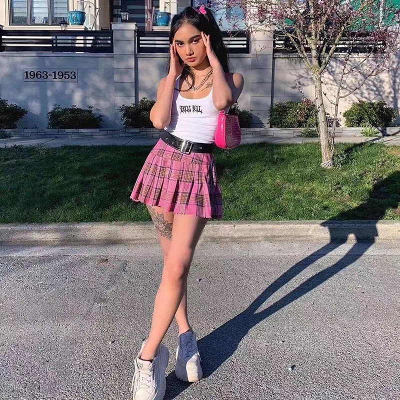 Sexy Pastel Goth High Waist Plaid Pleated Skirt