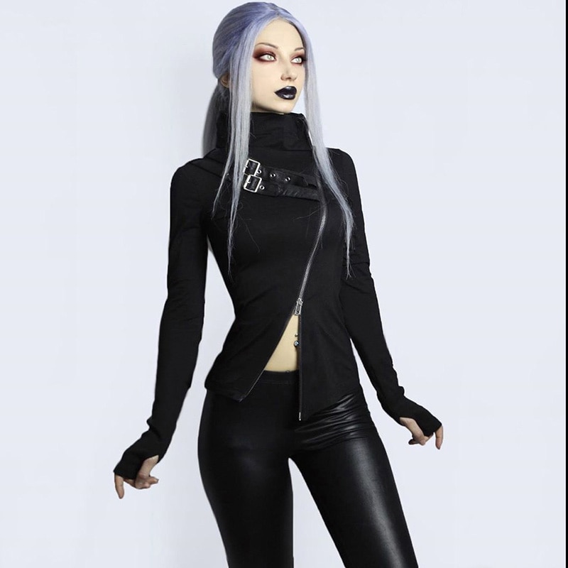 Punk Leather Gothic eGirl Zipper Turtleneck Long Sleeve Top