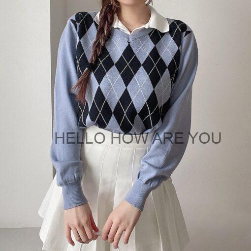 Egirl Argyle Preppy Style Knitted Loose Sweater