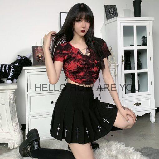 Gothic eGirl Red And Black Tie Dye with Chain Drawstring Crop Top