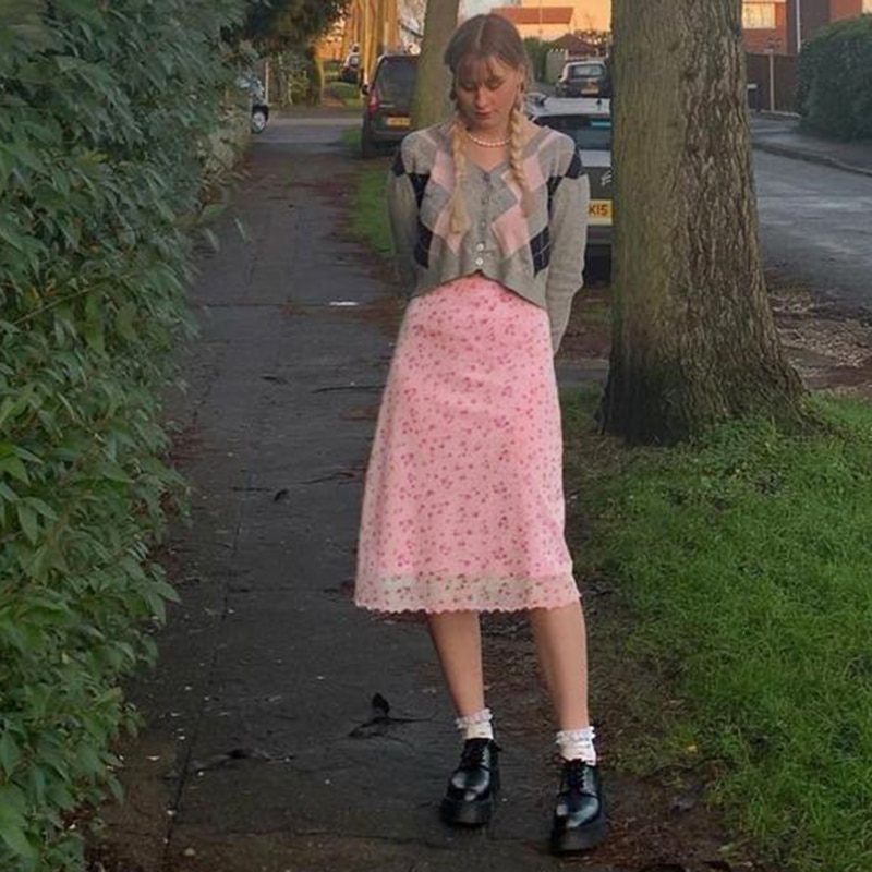Egirl Floral Print High Waist Midi Skirt