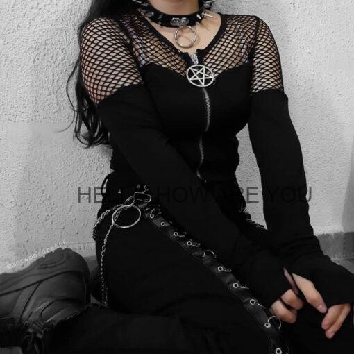 Gothic eGirl Vintage Pentagram Long Sleeve Crop Top