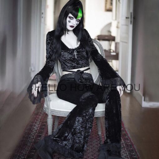 Elegant Velvet Gothic eGirl High Waist Flared Pant