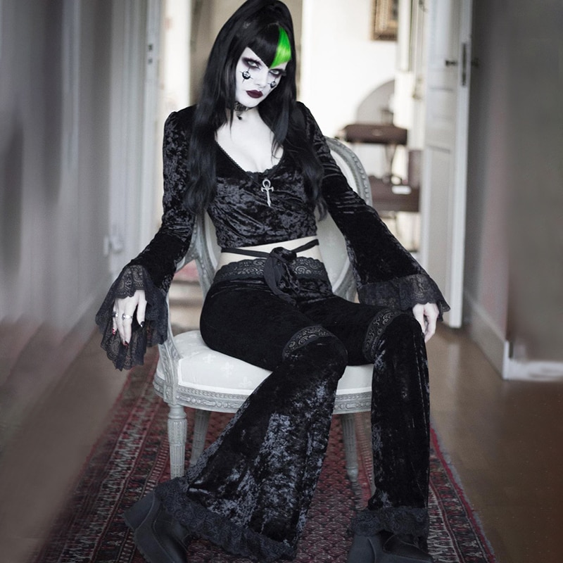 Elegant Velvet Gothic eGirl High Waist Flared Pant
