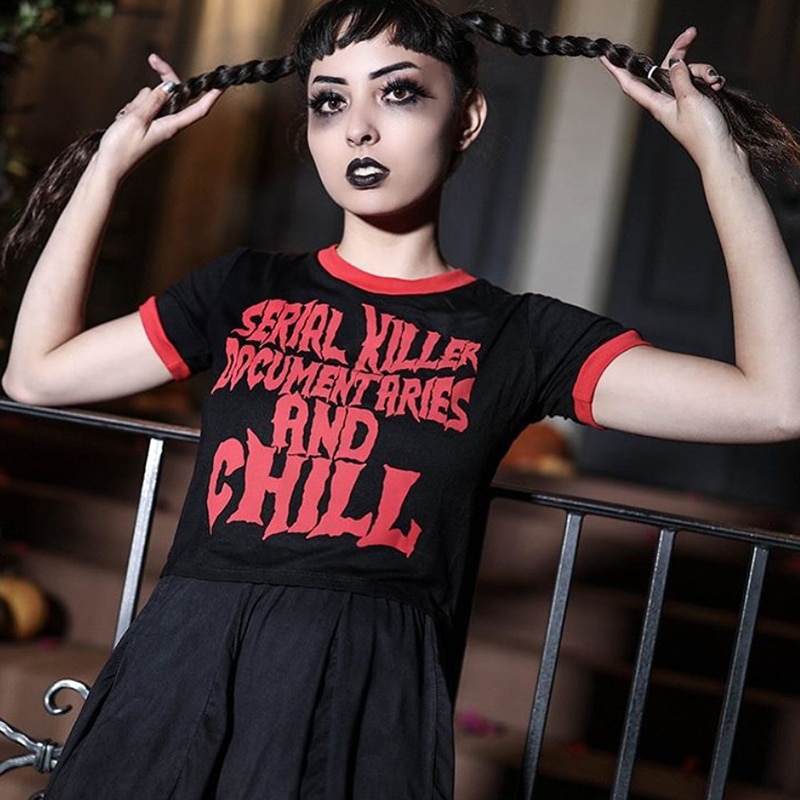 Gothic eGirl Red Letter Printed T-Shirt