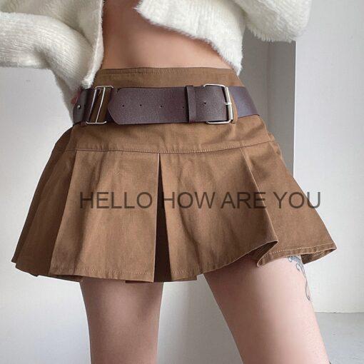 Egirl Brown Pleated with Belt Mini Skirt